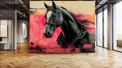 Black horse with a white blaze on its forehead, against an abstract background. Wall mural