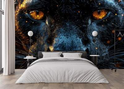 Close-up of a black panther's face with glowing eyes. Wall mural