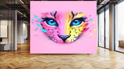 Close-up of a colorful cat's face, with blue eyes. Wall mural