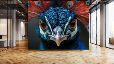 Close-up of a peacock's face with bright blue and red feathers. Wall mural