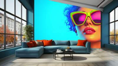 Close-up of a woman wearing bright pink sunglasses. Wall mural