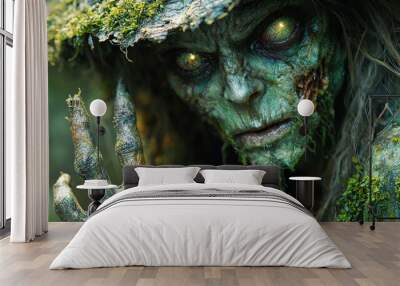 Close-up of a woman with eerie green makeup and glowing eyes. Wall mural