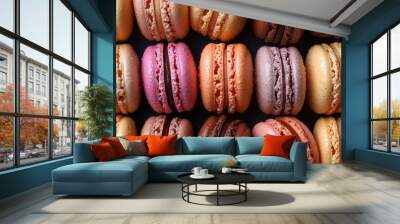 Close-up of colorful macarons in a row. Wall mural