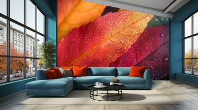 Close-up of dew drops on vibrant red and orange leaves. Wall mural