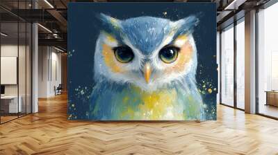 Close-up portrait of a blue and white owl with large, green eyes. Wall mural