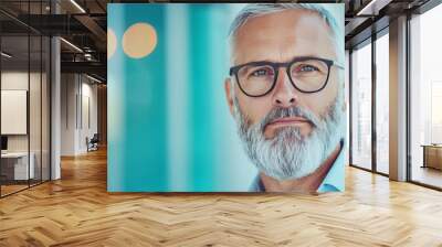 Close-up portrait of a man with a gray beard and glasses. Wall mural