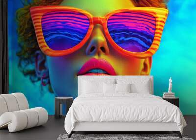 Closeup of a woman wearing colorful striped sunglasses. Wall mural