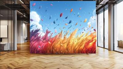 Colorful feathers dance in the wind against a bright blue sky with fluffy white clouds. Wall mural