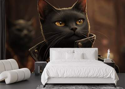 Cool black cat wearing a leather jacket. Wall mural