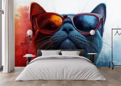 Cool cat in sunglasses with a red and blue background. Wall mural