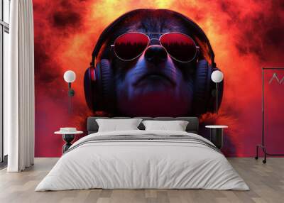 Cool dog wearing headphones and sunglasses. Wall mural