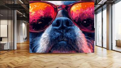 Cool dog wearing pink sunglasses with a colorful abstract background. Wall mural