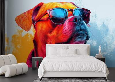 Cool dog wearing sunglasses, colorful abstract background. Wall mural