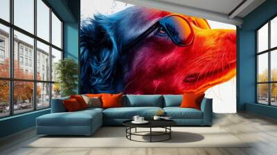 Cool dog wearing sunglasses in a vibrant blue and orange color scheme. Wall mural