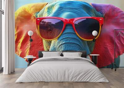 Cool elephant wearing sunglasses and rainbow colors. Wall mural