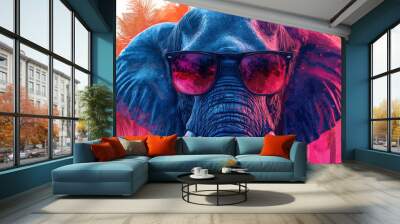 Cool elephant wearing sunglasses in front of a tropical background. Wall mural