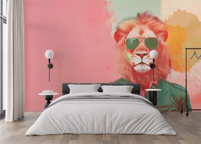 Cool lion in sunglasses against a pink background. Wall mural