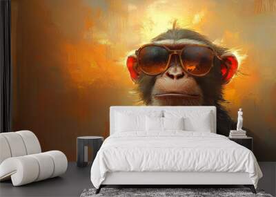 Cool monkey wearing sunglasses against a sunset backdrop. Wall mural