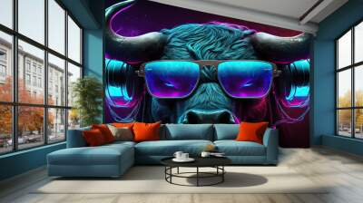 Cool neon party dj bull in headphones and sunglasses, generative ai Wall mural