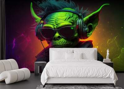 Cool neon party dj goblin in headphones and sunglasses, generative ai Wall mural