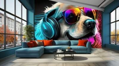 Cool neon party dj golden retriever dog in headphones and sunglasses, generative ai Wall mural