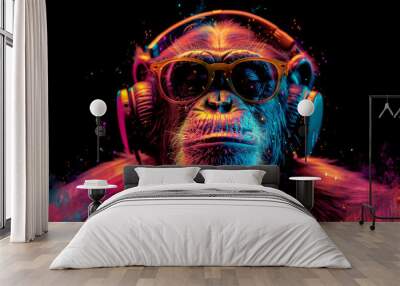 Cool neon party dj monkey in headphones and sunglasses Wall mural