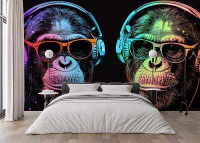 Cool neon party dj  monkey in headphones and sunglasses Wall mural