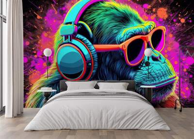 Cool neon party dj  monkey in headphones and sunglasses Wall mural