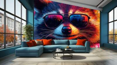 Cool raccoon wearing sunglasses with a colorful background. Wall mural