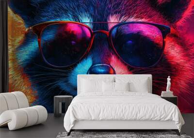 Cool raccoon wearing sunglasses with a neon background. Wall mural