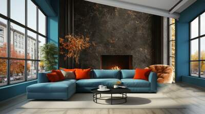 Cozy living room with a fireplace and two plush armchairs. Wall mural