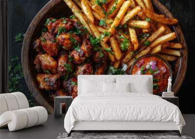 Crispy fries, juicy chicken wings, and a tangy dipping sauce - a delicious meal! Wall mural