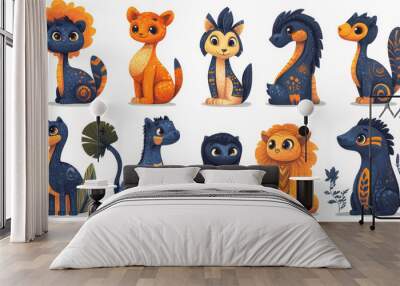 Cute cartoon animals in blue and orange. Wall mural