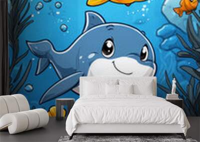 Cute cartoon fish swimming in a colorful underwater scene. Wall mural