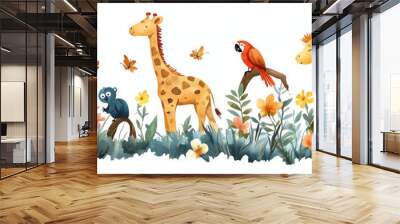 Cute watercolor animals in a jungle scene. Wall mural