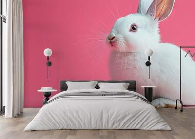 Cute white rabbit sitting on a pink background. Wall mural