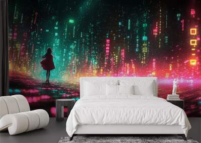 Digital binary code data streaming on a dark background Wall mural