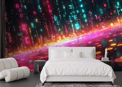 Digital binary code data streaming on a dark background Wall mural