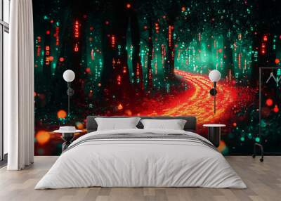 Digital binary code data streaming on a dark background Wall mural