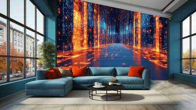 Digital binary code data streaming on a dark background Wall mural