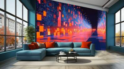 Digital binary code data streaming on a dark background Wall mural