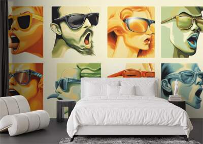 Eight stylized portraits of people wearing sunglasses and yelling. Wall mural