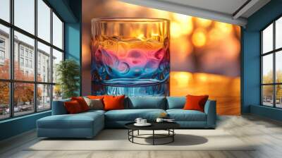 Empty glass on wooden table with a warm, blurry background. Wall mural