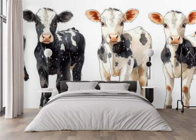 Five adorable black and white calves stand in a row. Wall mural