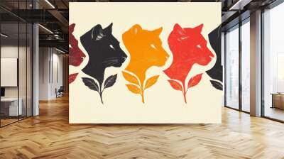 Five stylized cat silhouettes in red, orange, and black, each with a leafy stem. Wall mural