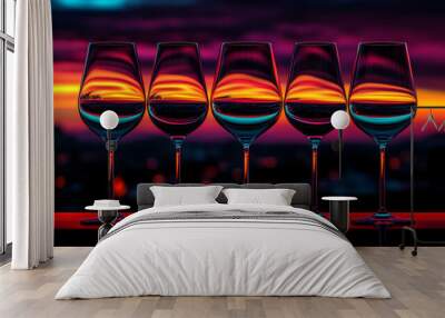 Five wine glasses are lined up on a table, reflecting the colors of a stunning sunset. The warm hues create a beautiful and romantic ambiance. Wall mural