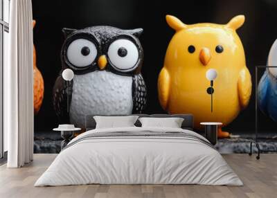 Four colorful owl figurines lined up. Wall mural