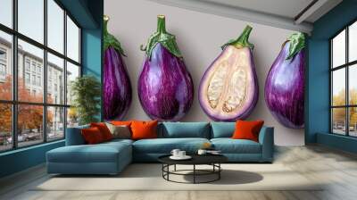 Four eggplants, two whole and two halved, arranged on a grey background. Wall mural