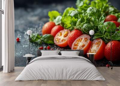 Fresh, ripe tomatoes and basil leaves. Wall mural