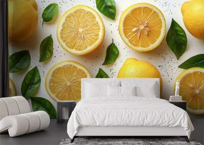 Fresh lemons and leaves on a white background. Wall mural